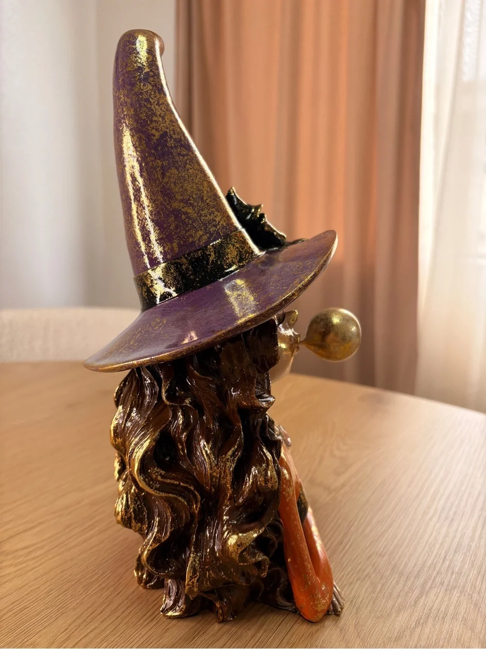 HALLOWEEN Whismical Witch Figurine with Orange Dress and Purple Multicolor hat